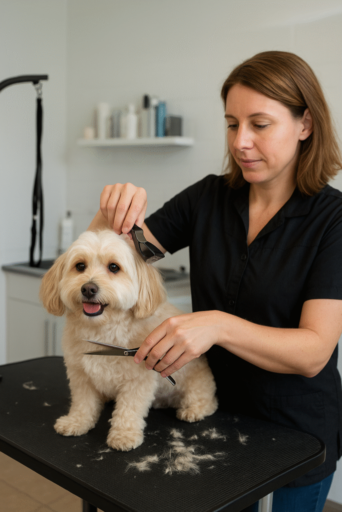 Dog getting groomed at a professional pet salon with a groomer trimming fur