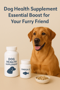 “Golden Labrador dog sitting beside dog health supplement bottles and a bowl of tablets on a beige background.”