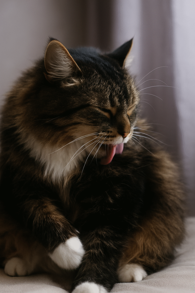 Cat grooming its fur, highlighting the natural need for an effective cat hairball remedy.