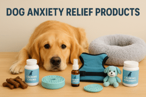 Golden retriever resting beside various dog anxiety relief products including calming chews, spray, vest, toys, and calming bed.