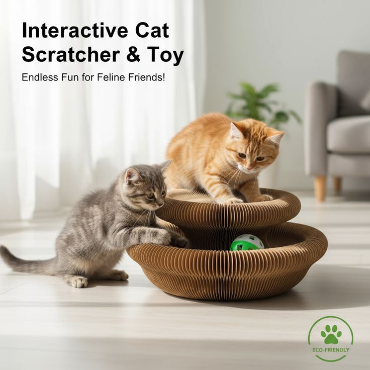“Two cats playing with an interactive cat scratcher toy indoors.”
