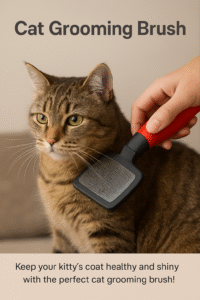 A tabby cat being gently brushed with a cat grooming brush to maintain a healthy and shiny coat.