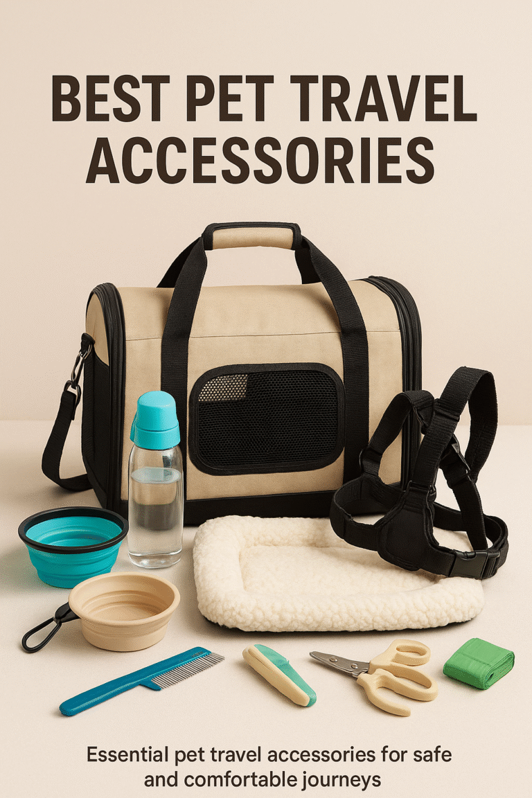 A neatly arranged set of pet travel accessories including a carrier, water bottle, travel bowls, leash, and grooming items.