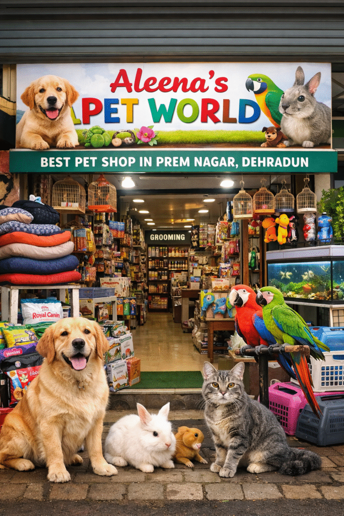 Front view of Aleena’s Pet World, the best pet shop in Dehradun, showing happy pets, birds, and pet accessories at Prem Nagar, Dehradun.