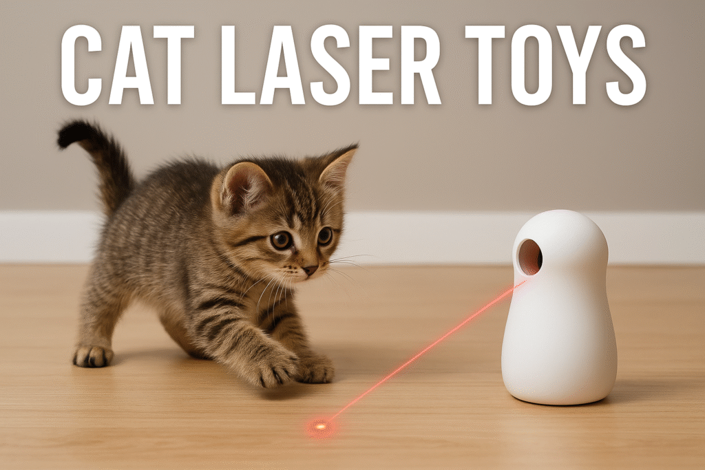A cute tabby kitten chasing a red light from automatic cat laser toys on a wooden floor.