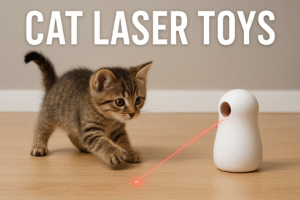A cute tabby kitten chasing a red light from automatic cat laser toys on a wooden floor.