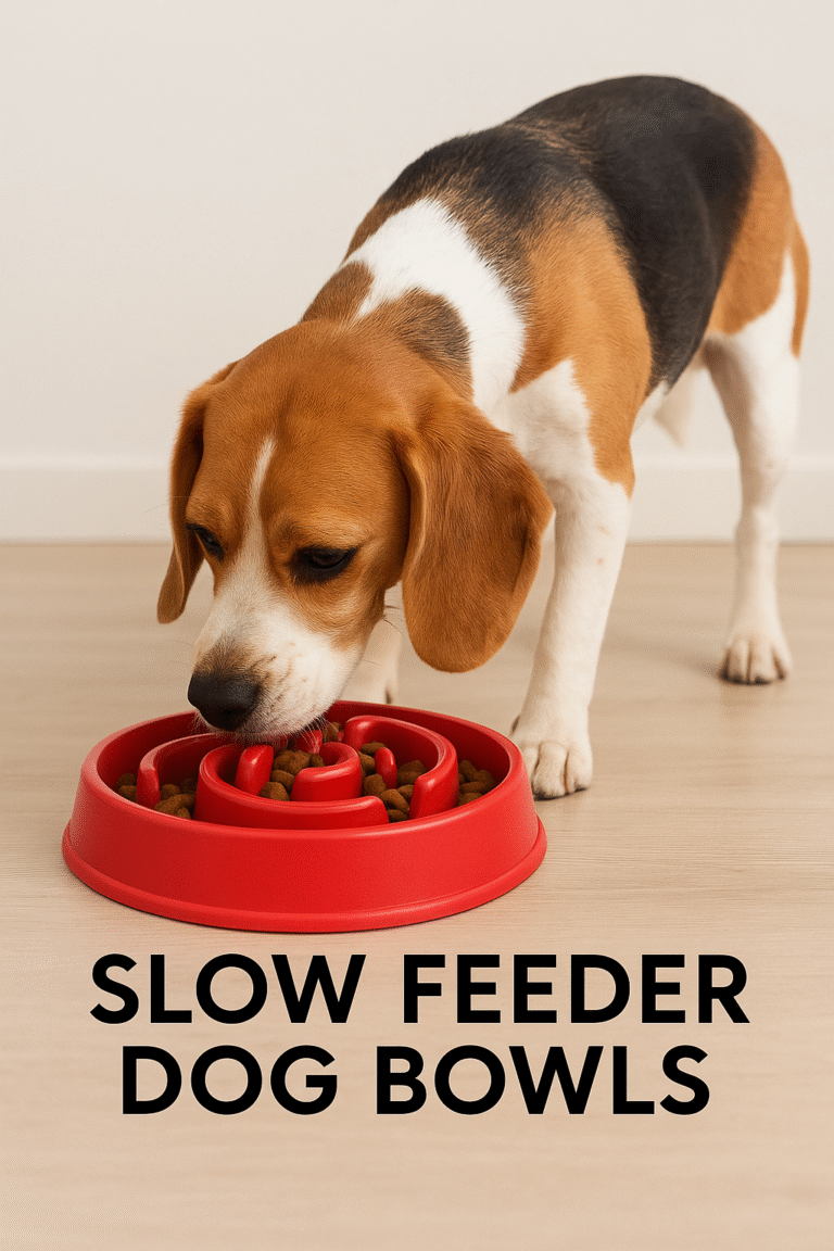 A beagle eating kibble from a red slow feeder dog bowls designed to prevent fast eating.