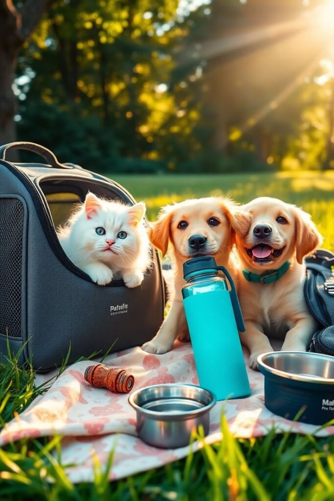 "Pets with pet travel accessories including carrier bag, water bottle and food bowls during outdoor travel"