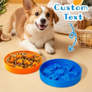 Slow feeder dog bowls with custom name for pets on wooden floor next to happy dog.