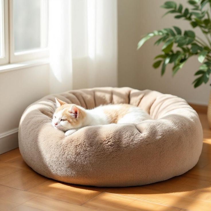 Soft calming pet bed online for dogs and cats with round donut design